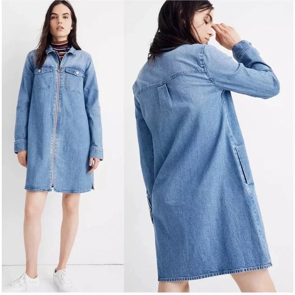 Madewell Blue Denim Zip Front Long Sleeve Shirt Dress Size XS - Picture 1 of 10